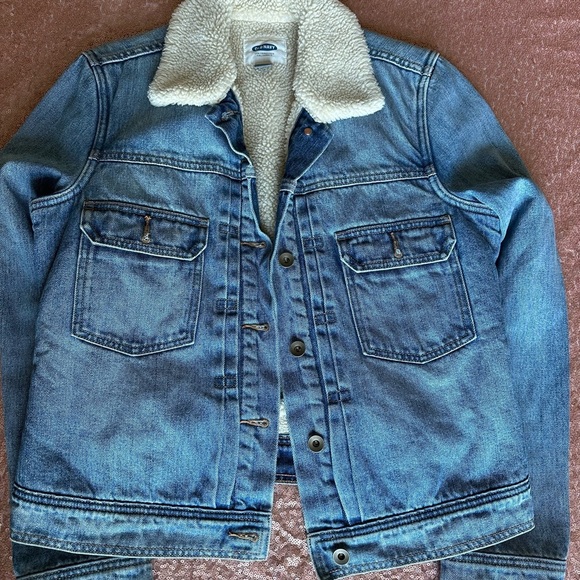 Old Navy Sherpa Lined Jean Jacket M Denim Boyfriend Classic Trucker Coat.trendy - Picture 3 of 9